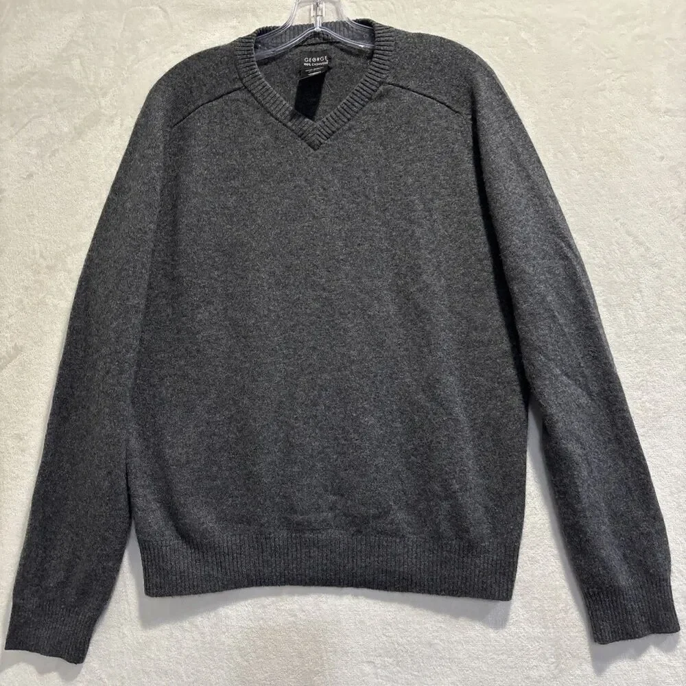 George 100% Cashmere Sweater Gray V Neck Pullover Long Sleeve Men's Medium 38 40